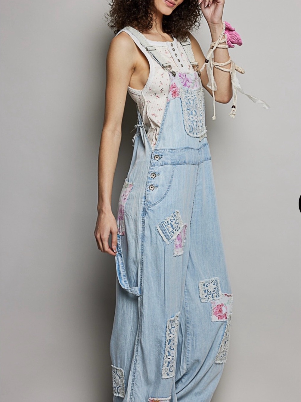 POL Light Blue Denim Patchwork Jumpsuit with Floral Accents - Picture 5 of 8